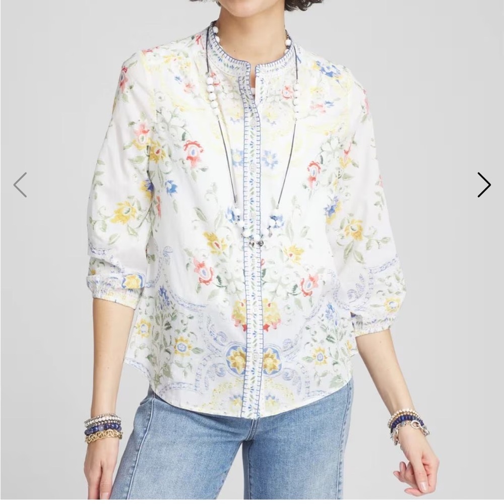 Chico's Billow Sleve Blouse, Multicolor Floral Button Down Shirt, NWOT, 14-16